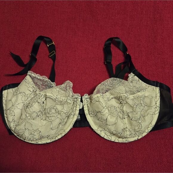 Cacique Cream Colored Lace Bra Black Mesh Back 4 Hook and Eye Closure Size 44ddd - Picture 1 of 7
